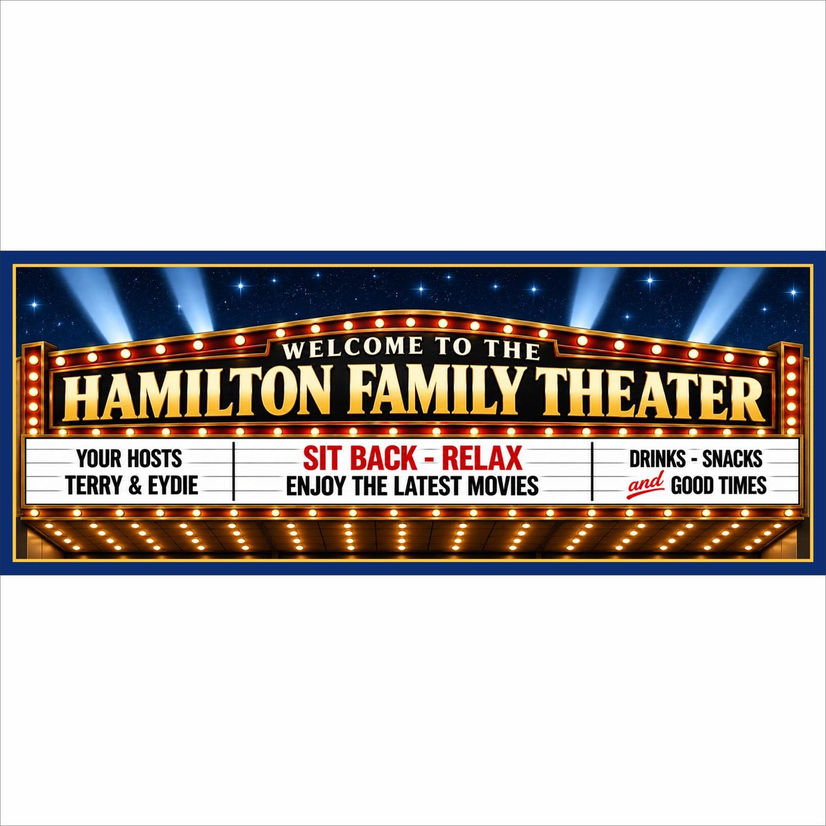 Personalized home theater sign with classic illuminated cinema marquee design, custom family name and editable movie-night wording.