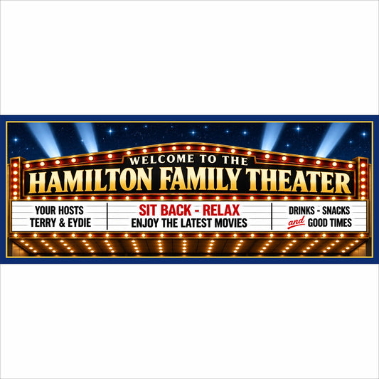 Personalized home theater sign with classic illuminated cinema marquee design, custom family name and editable movie-night wording.