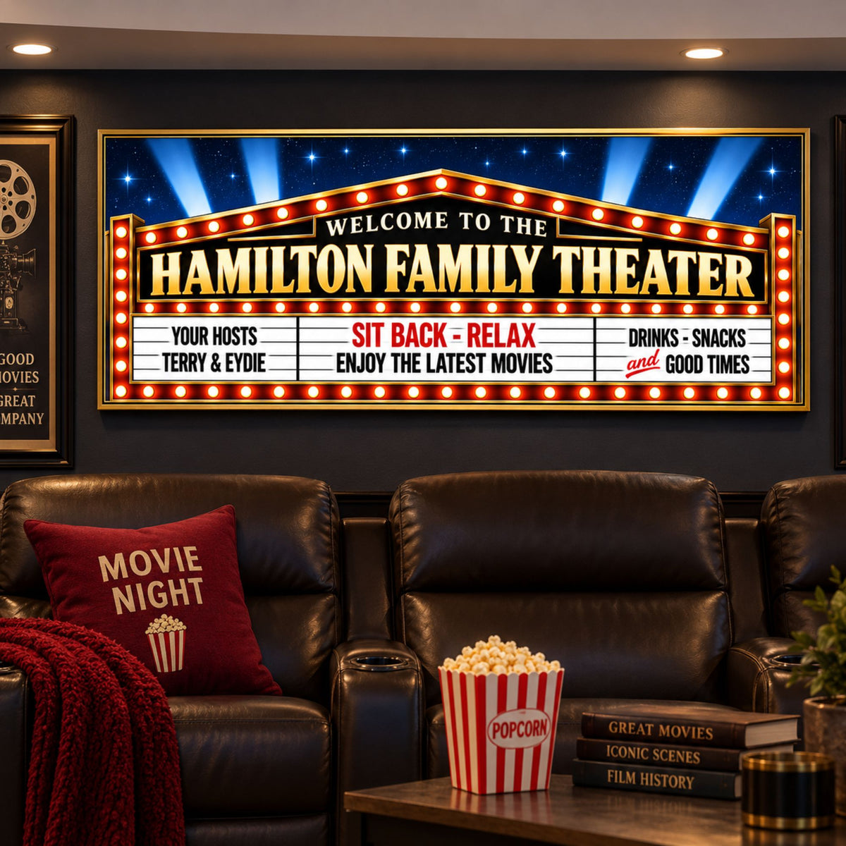 Custom family home theater sign displayed above theater seating in a home cinema room with movie-night decor.