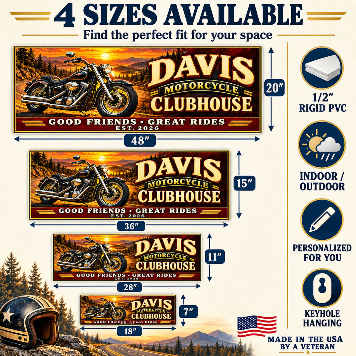 Motorcycle sign size guide showing 18×7, 28×11, 36×15, and 48×20 inch options with dimension arrows.