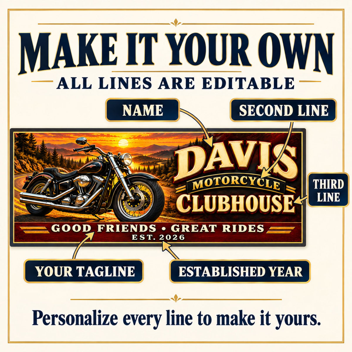 Personalization guide showing five editable lines for name, second line, third line, tagline, and established year.