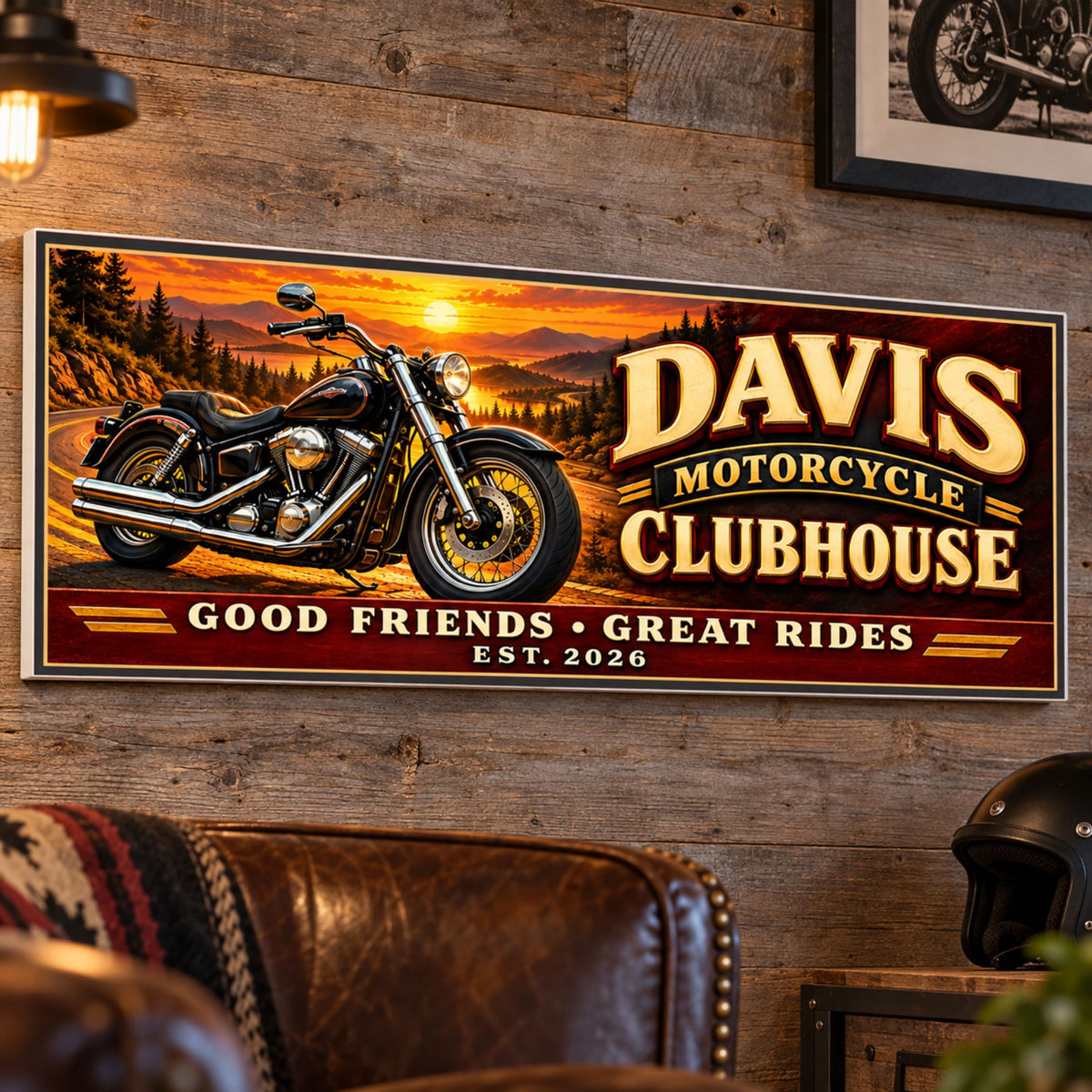 Personalized motorcycle sign mounted on a wood wall above a brown leather chair beside a motorcycle helmet.