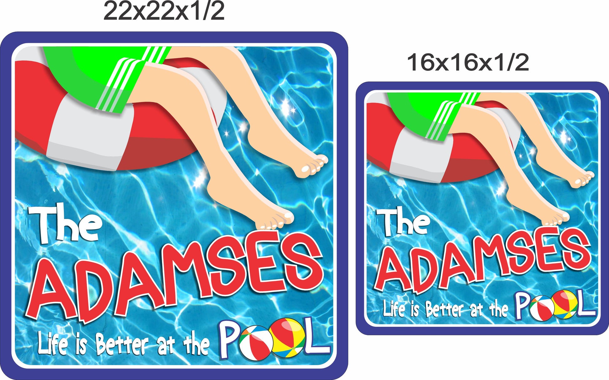 Personalized pool sign shown in two available sizes for poolside and backyard display