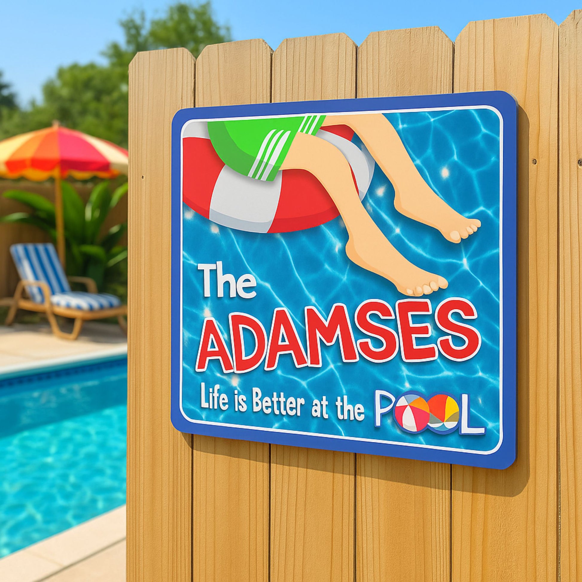 Personalized pool sign mounted on a wooden fence beside a backyard swimming pool