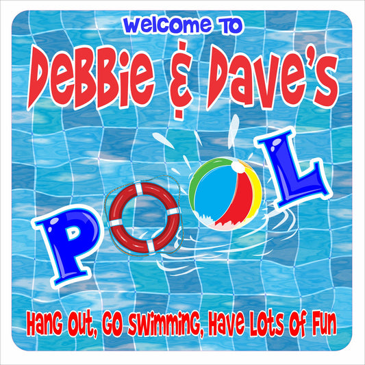 Personalized pool sign with blue water background, beach ball graphic, and custom family name