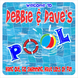 Personalized pool sign with blue water background, beach ball graphic, and custom family name