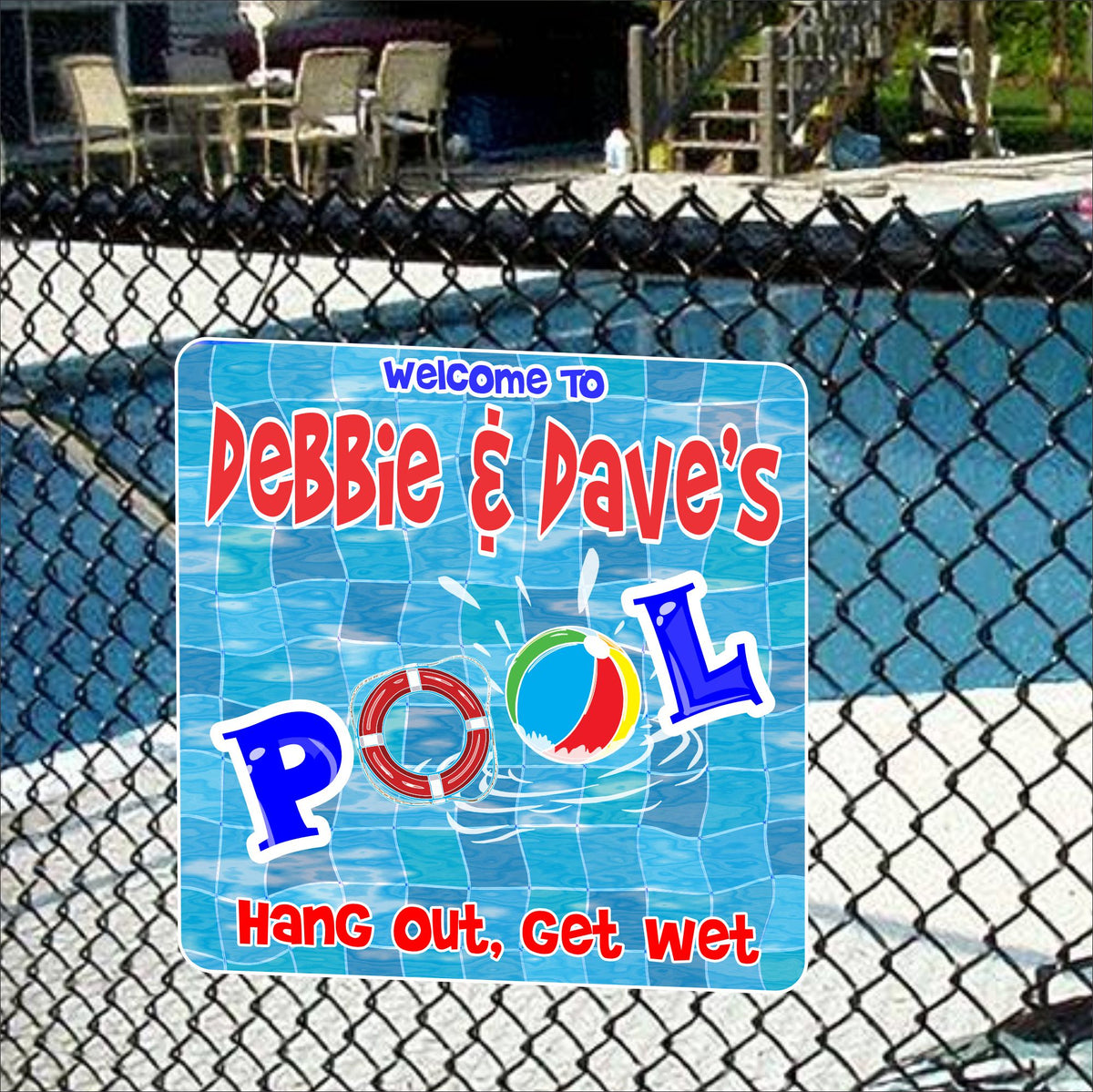 Personalized Pool Sign with Blue Mosaic, Beach Ball & Preserver| Fun ...