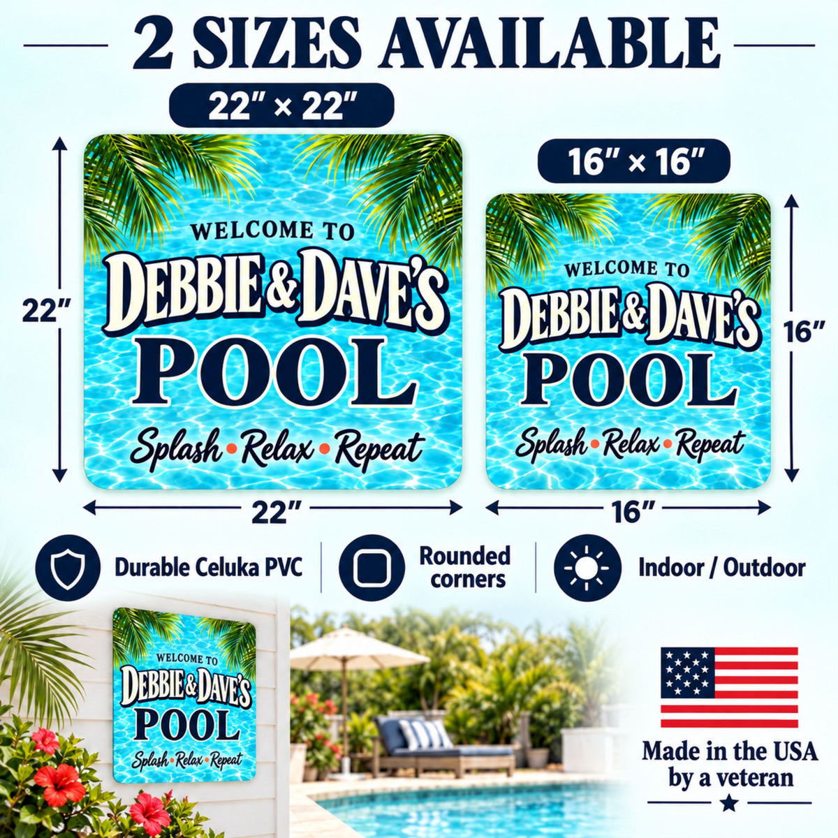 Pool sign size guide comparing 16×16 and 22×22 inches, featuring Celuka PVC construction, rounded corners, and indoor or outdoor use.