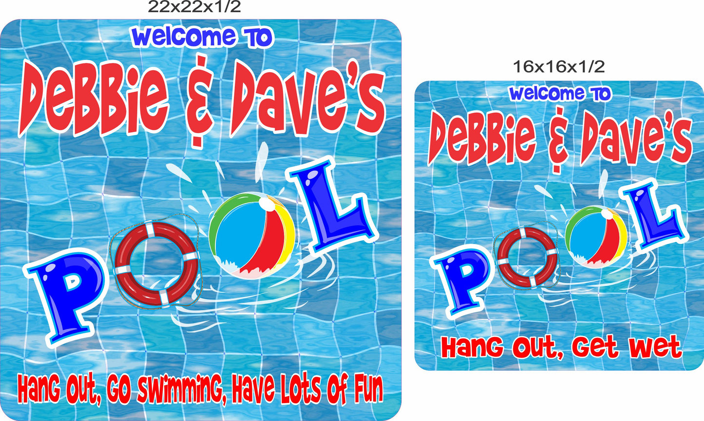 Personalized pool sign shown in two available sizes for poolside and backyard display