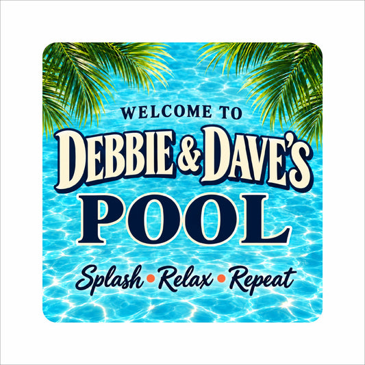 Custom tropical pool sign featuring turquoise water, green palm fronds, and navy and cream lettering with four editable text lines.