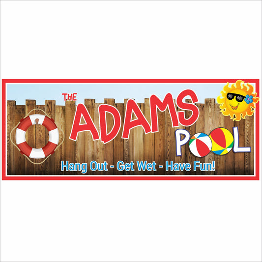 Personalized pool sign with wood fence background, beach ball, lifebuoy, and sun graphic