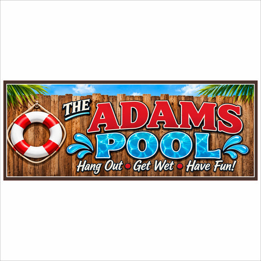 Personalized pool sign with rustic wood background, tropical palm leaves, life preserver and colorful water design.