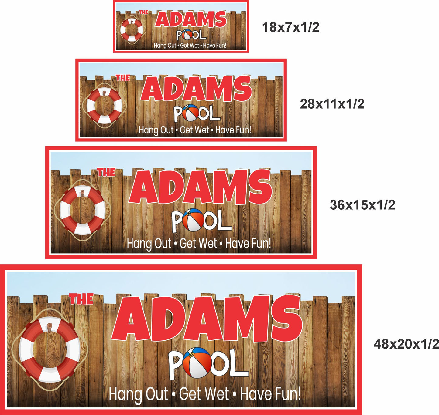 pool sign size comparison chart showing 18x7 28x11 36x15 and 48x20 inch options