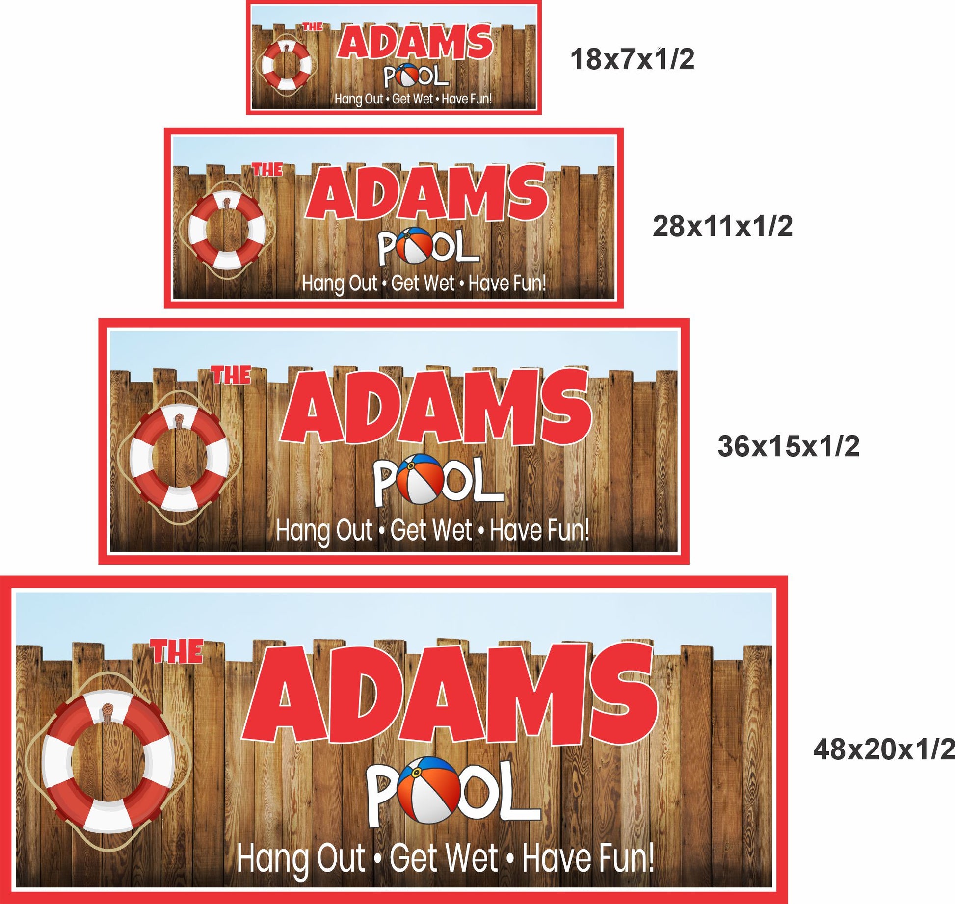 pool sign size comparison chart showing 18x7 28x11 36x15 and 48x20 inch options