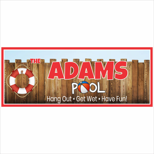 custom pool sign with lifebuoy and beach ball graphic hang out get wet have fun