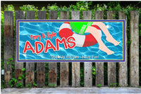 Personalized swimming pool sign depicting realistic blue water with a boy on a red and white raft, customizable with choice of three skin tones
