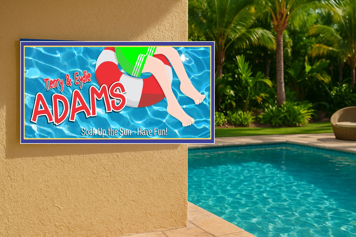 Custom pool sign mounted on an outdoor wall beside a swimming pool in a backyard setting