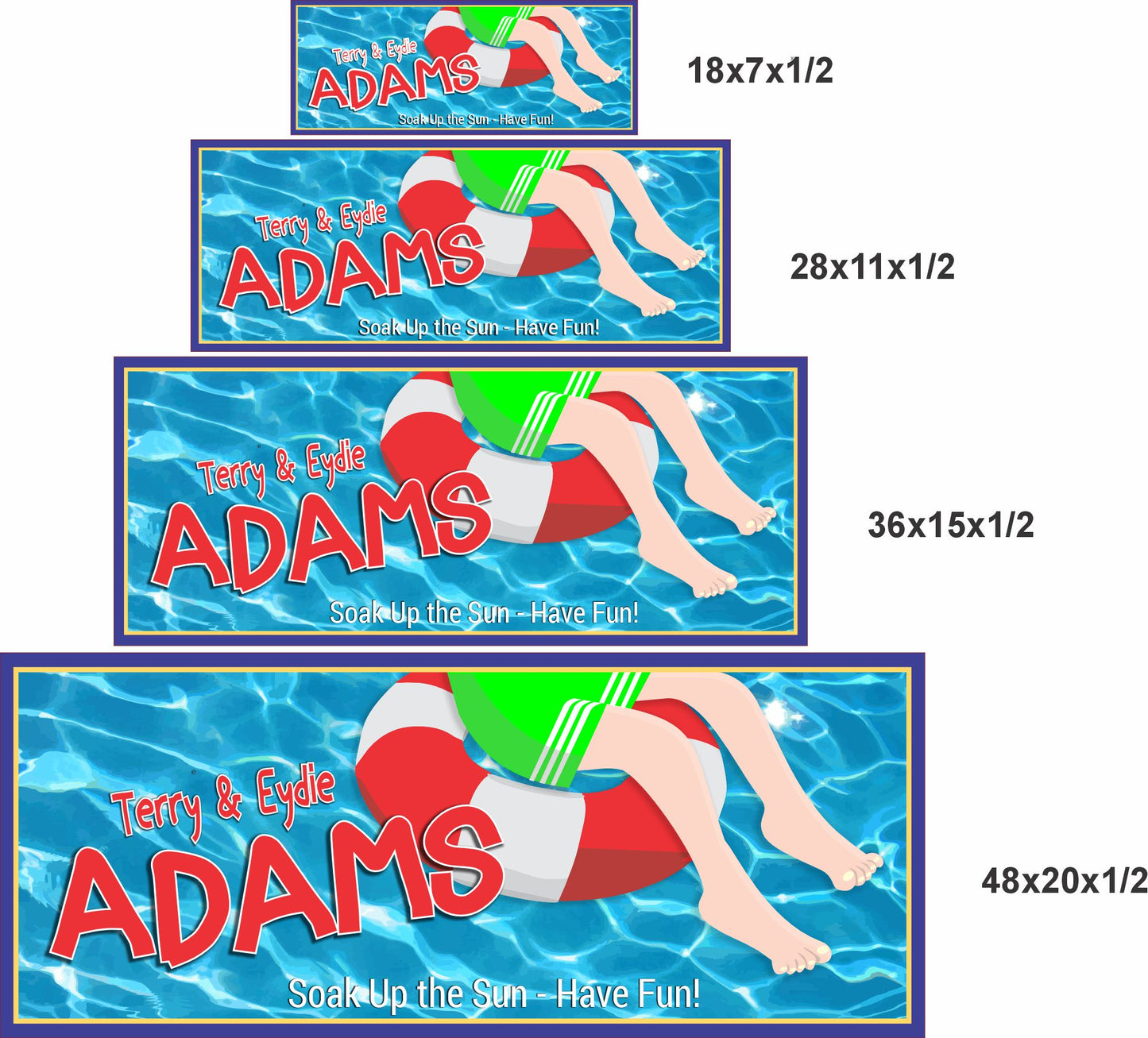 Pool sign shown in four size options 18x7 28x11 36x15 and 48x20 inches