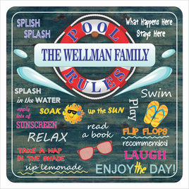 Square personalized pool rules sign with colorful poolside graphics and editable family name text