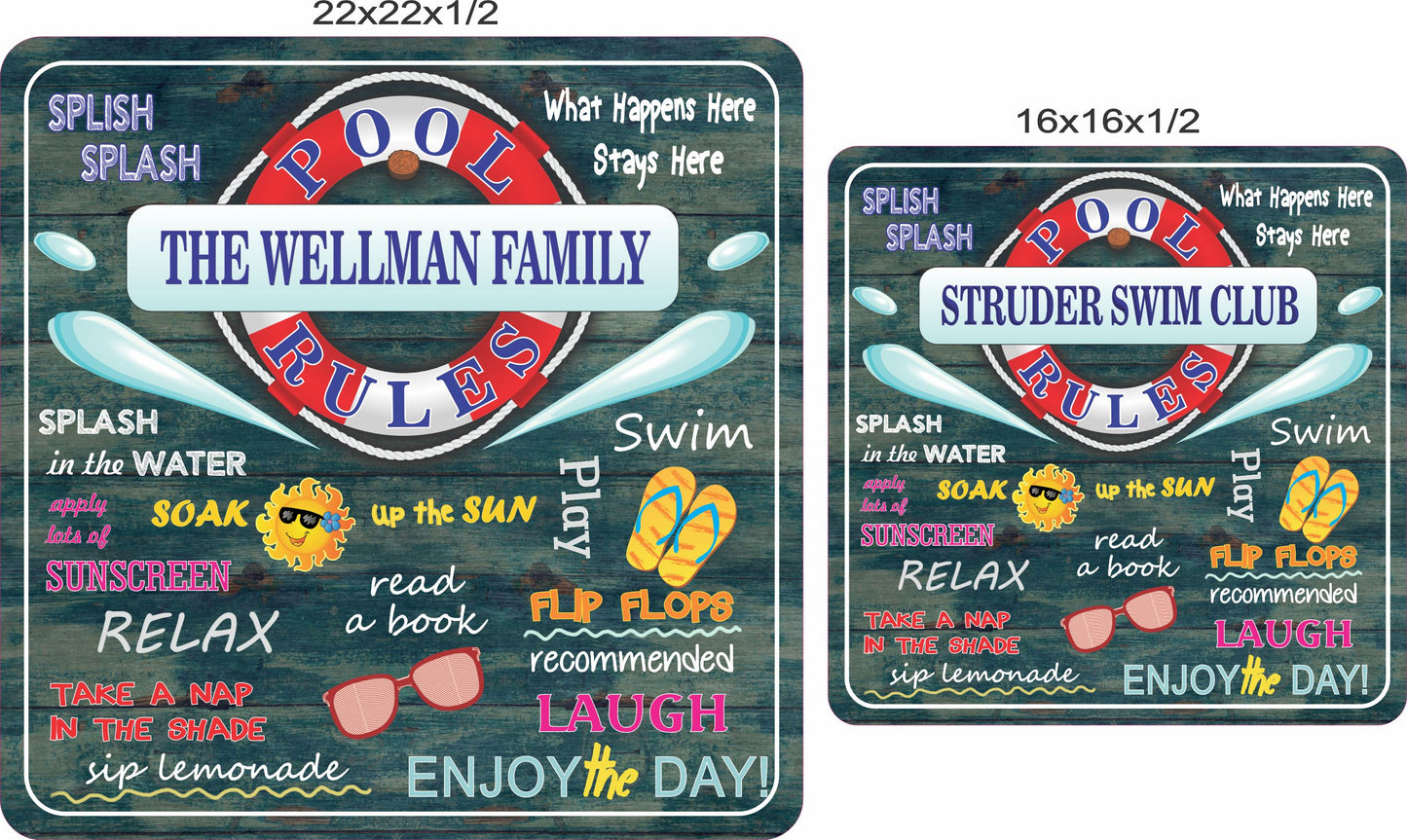 Pool rules sign shown in 16x16 and 22x22 inch size options side by side
