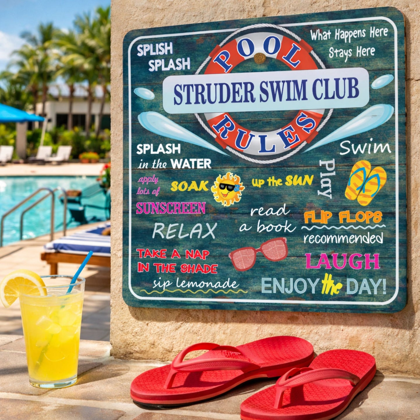 Personalized pool rules sign displayed near a backyard pool with summer décor