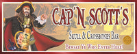 Personalized pirate bar sign featuring a pirate holding a rum bottle with bold Skull & Crossbones theme