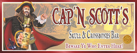 Personalized pirate bar sign featuring a pirate holding a rum bottle with bold Skull & Crossbones theme