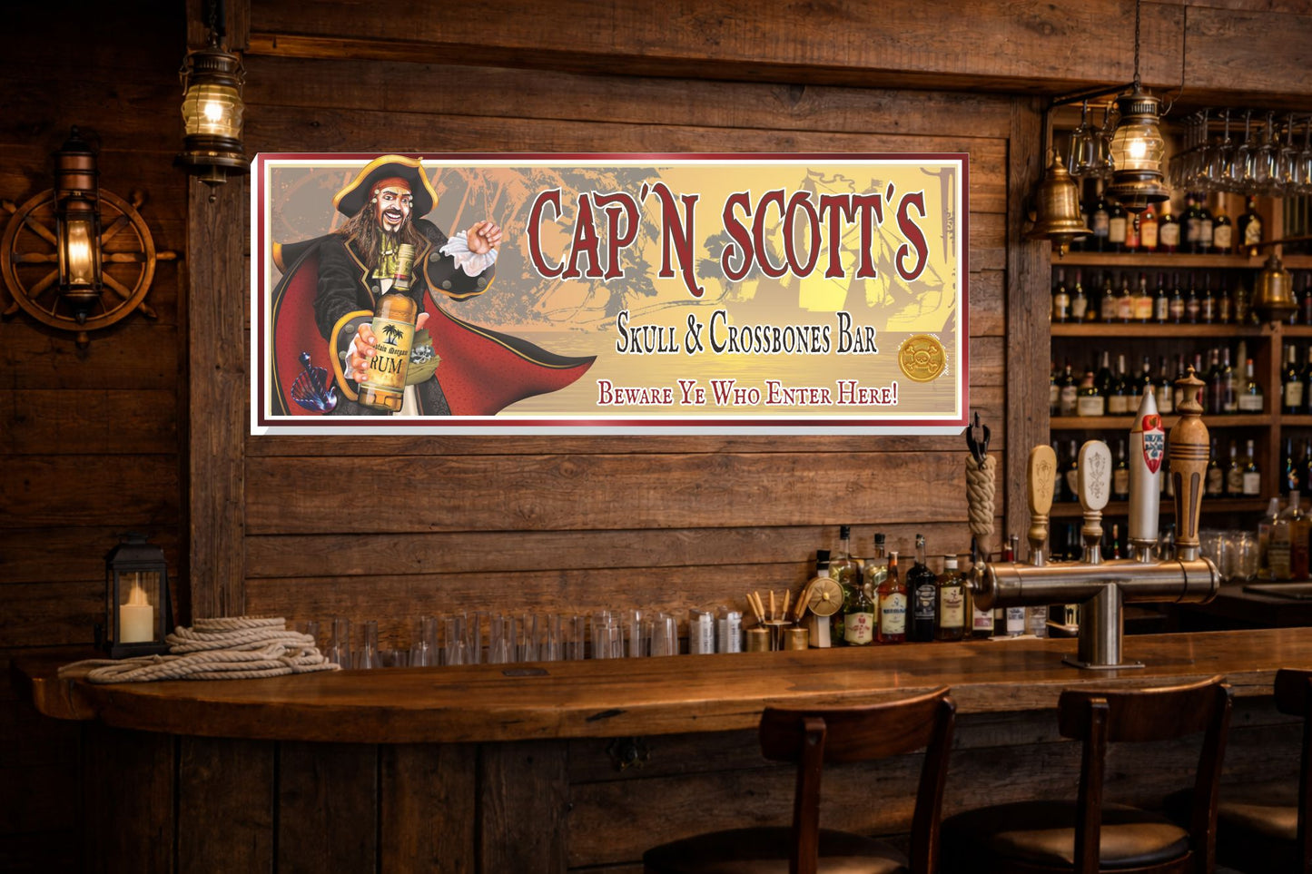 Lifestyle image showing personalized pirate bar sign mounted on a rustic wooden bar wall with bottles and warm lighting