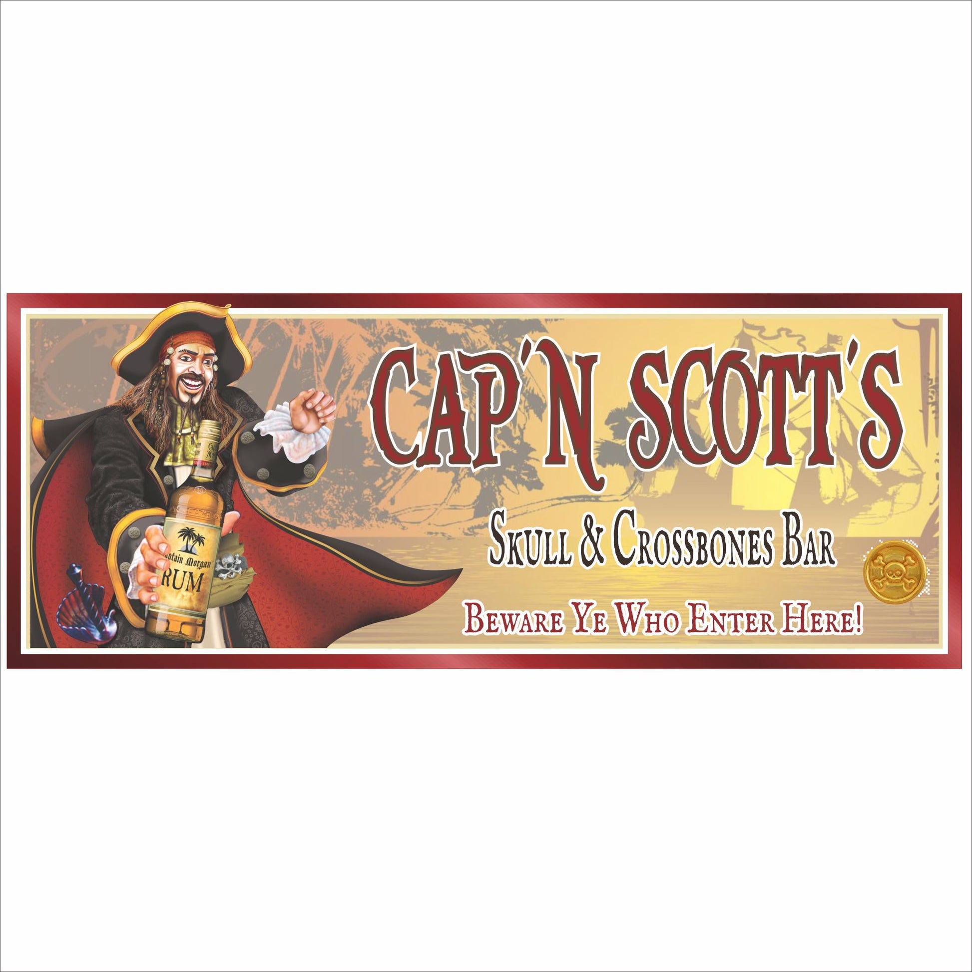 Close-up of personalized pirate bar sign with skull and crossbones theme, pirate captain illustration, and vintage lettering