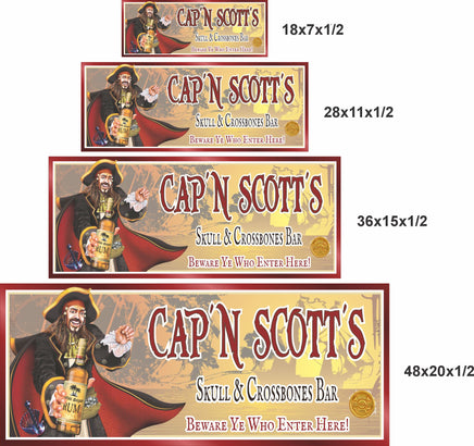  Pirate bar sign shown in four sizes (18x7, 28x11, 36x15, 48x20) for scale
