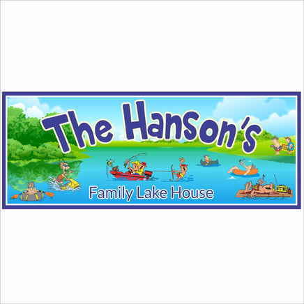Personalized family lake house sign with colorful waterfront scene and custom family name