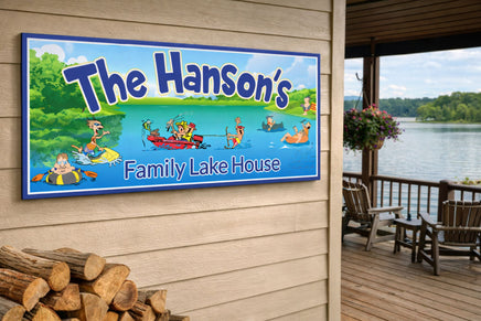 Custom family lake house sign mounted on outdoor porch overlooking the water