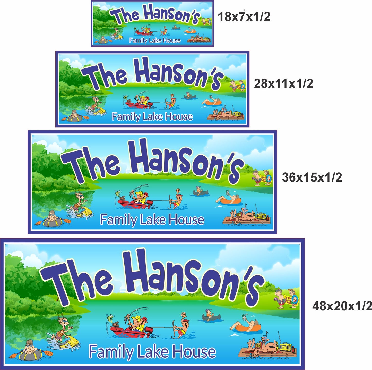 Personalized lake house sign shown in four available sizes for wall display