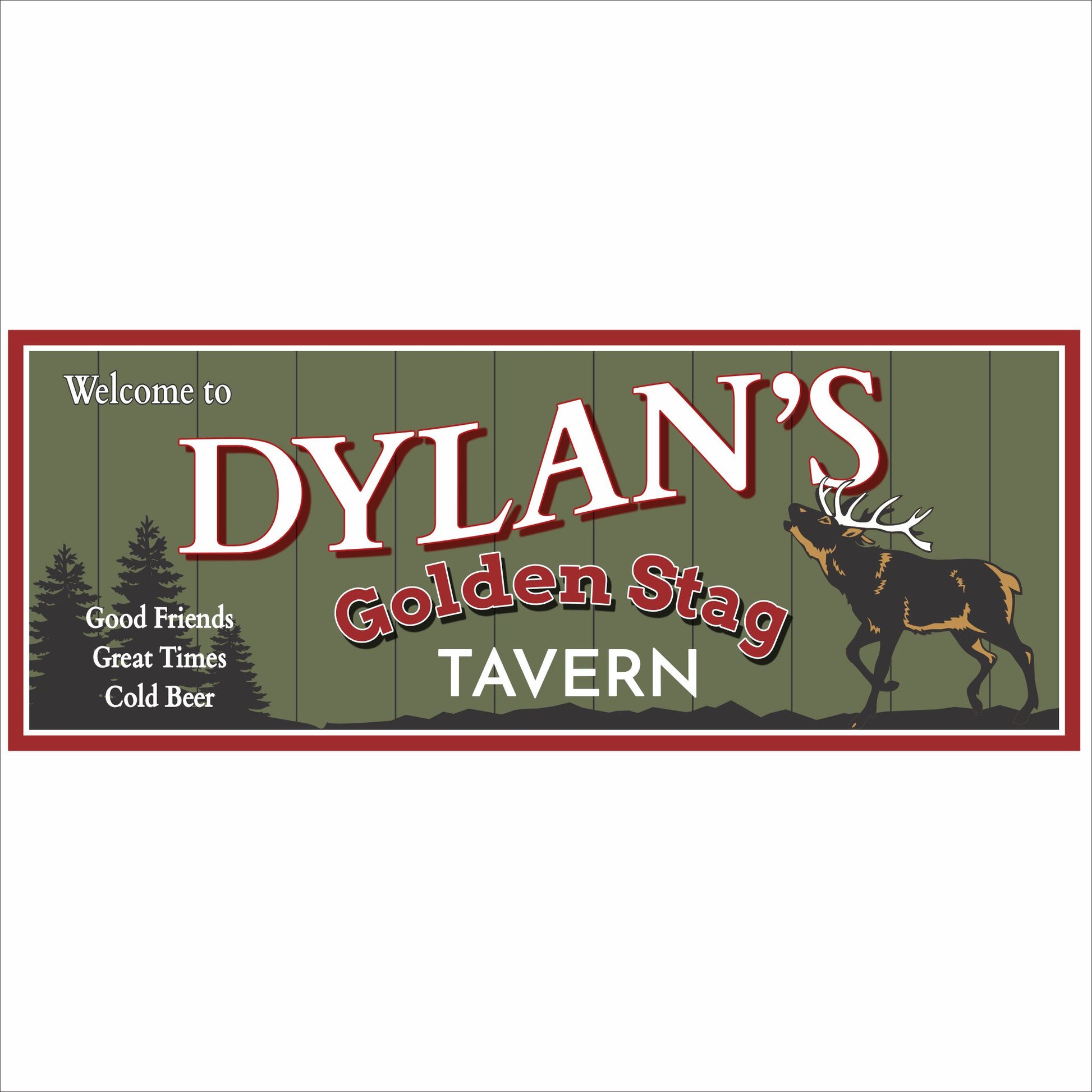 Close-up of personalized rustic tavern sign with stag illustration and forest green background