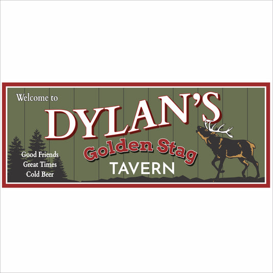 Close-up of personalized rustic tavern sign with stag illustration and forest green background
