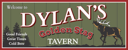 Personalized 'Golden Stag Tavern' welcome sign featuring an olive green background, pine tree silhouettes, and a buck with large white antlers, with customizable text.