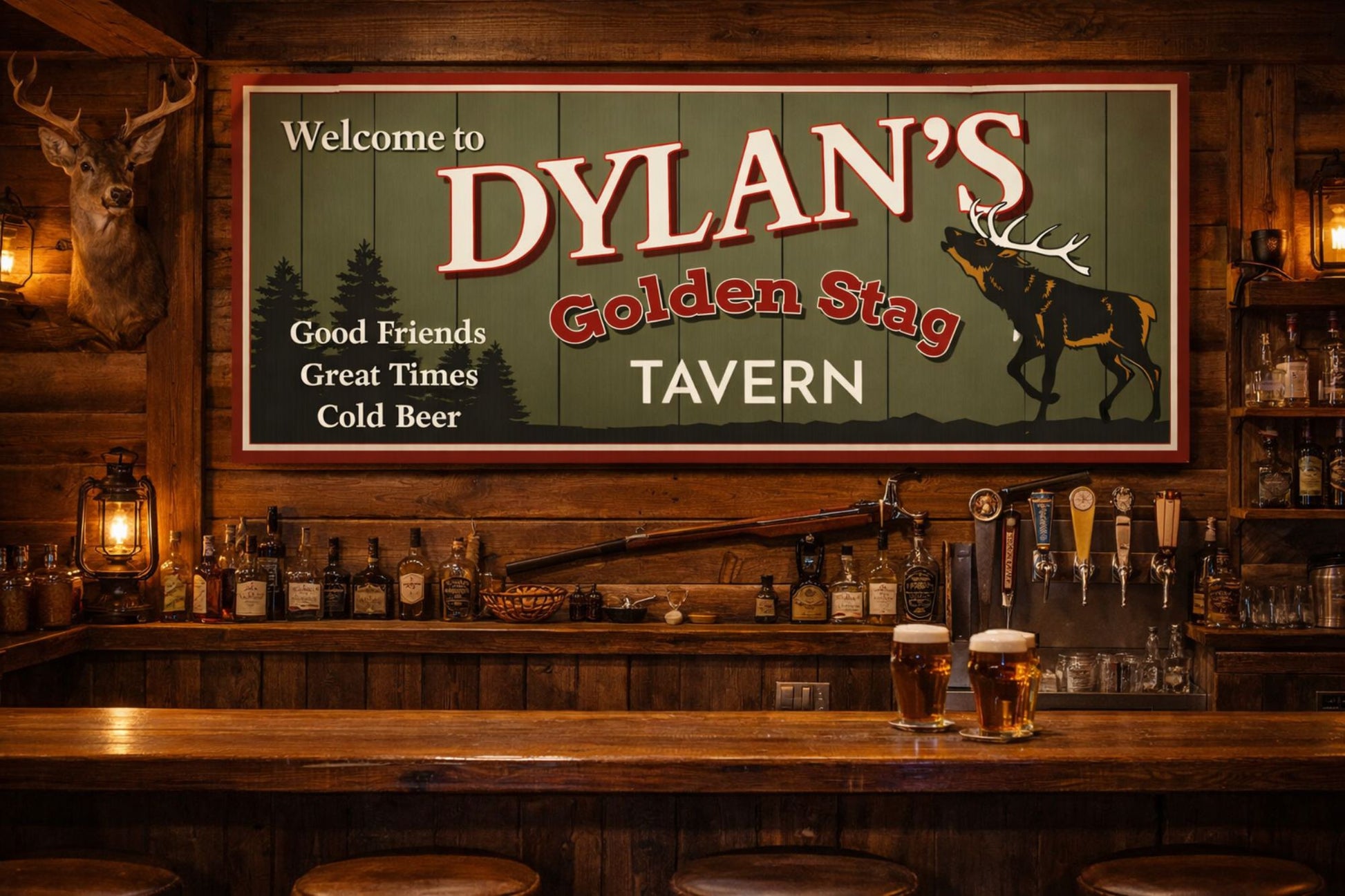 Lifestyle image showing personalized tavern sign mounted above a rustic wooden bar with warm lighting