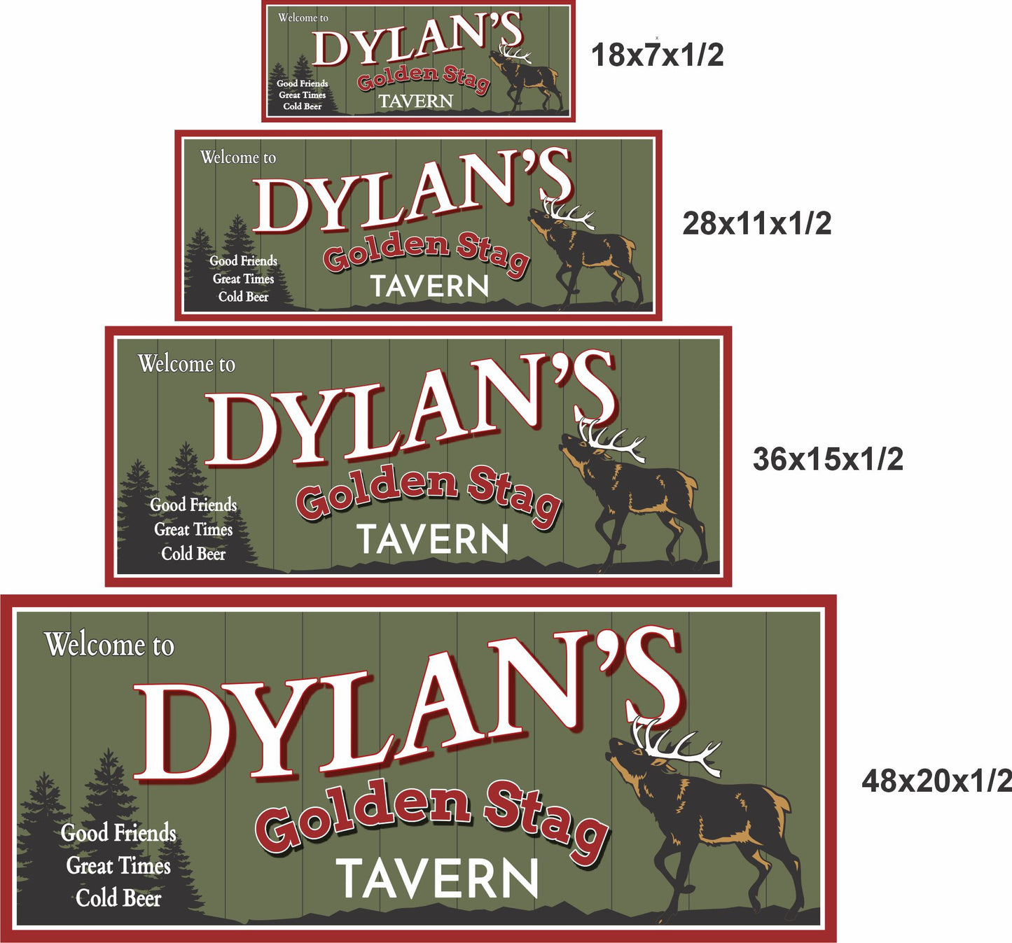 4 sizes comparison image showing personalized tavern sign in 18x7, 28x11, 36x15, and 48x20 inch options