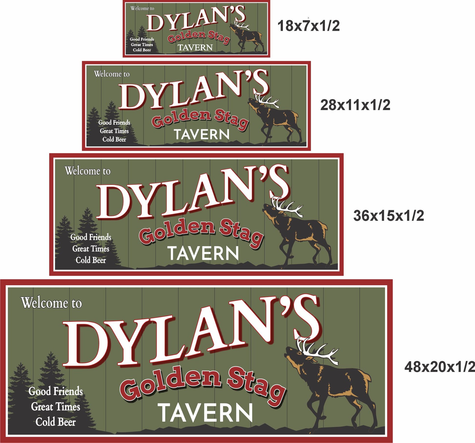 4 sizes comparison image showing personalized tavern sign in 18x7, 28x11, 36x15, and 48x20 inch options