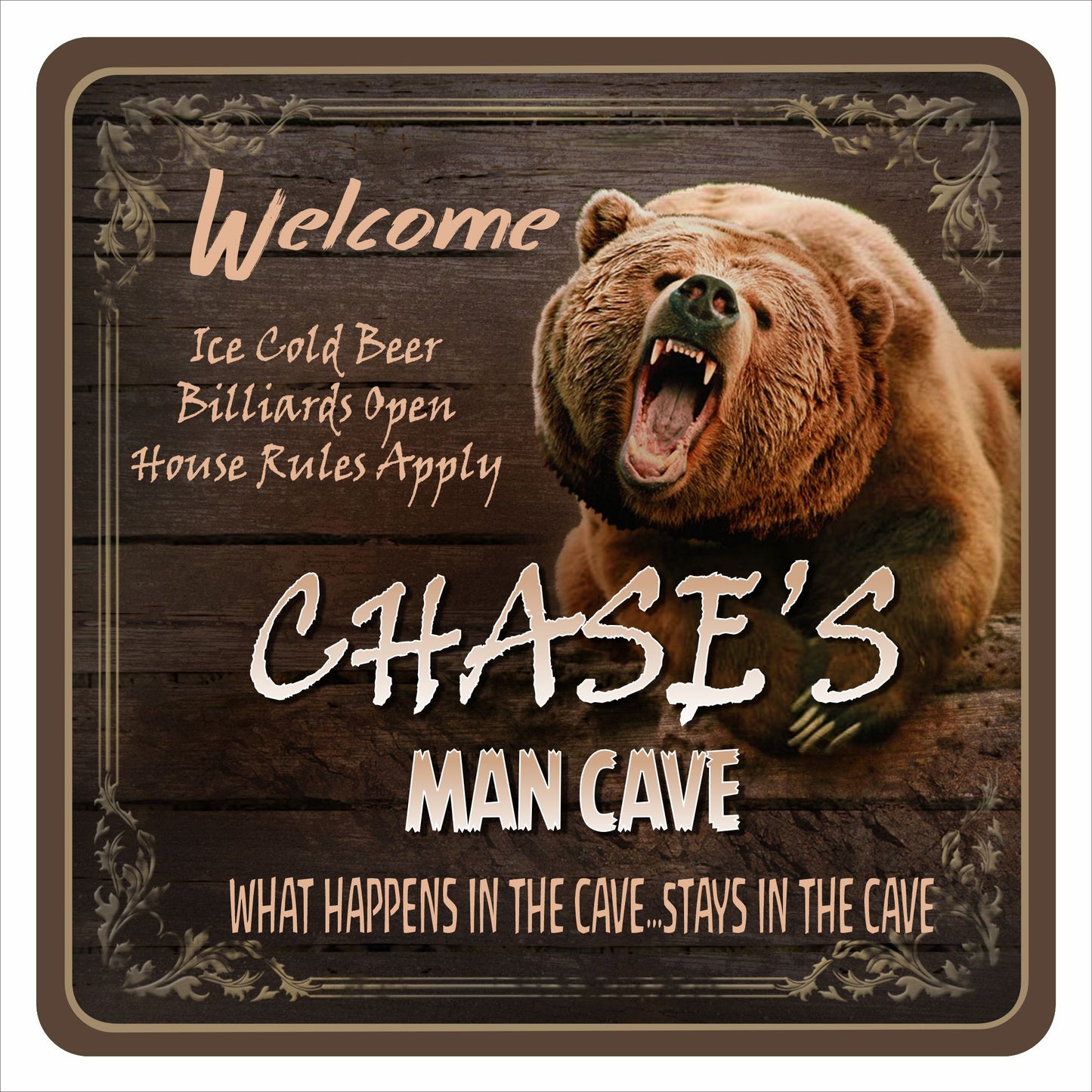 Personalized man cave sign featuring a roaring bear with rustic lodge-style artwork printed on rigid PVC