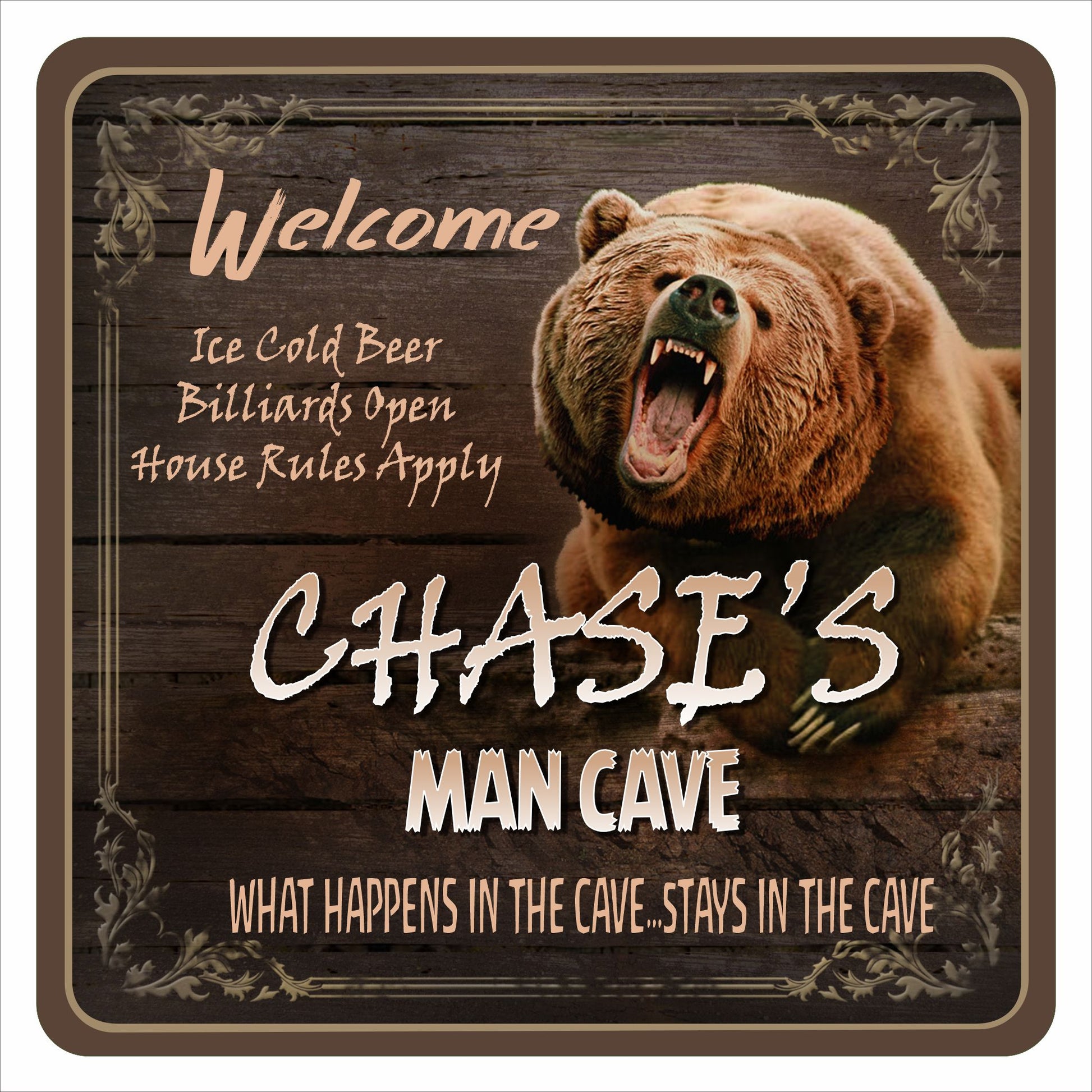 Personalized man cave sign featuring a roaring bear with rustic lodge-style artwork printed on rigid PVC