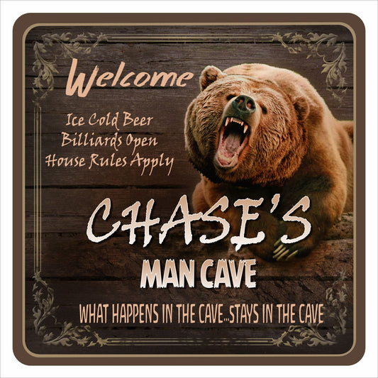 Personalized man cave sign featuring a roaring bear with rustic lodge-style artwork printed on rigid PVC