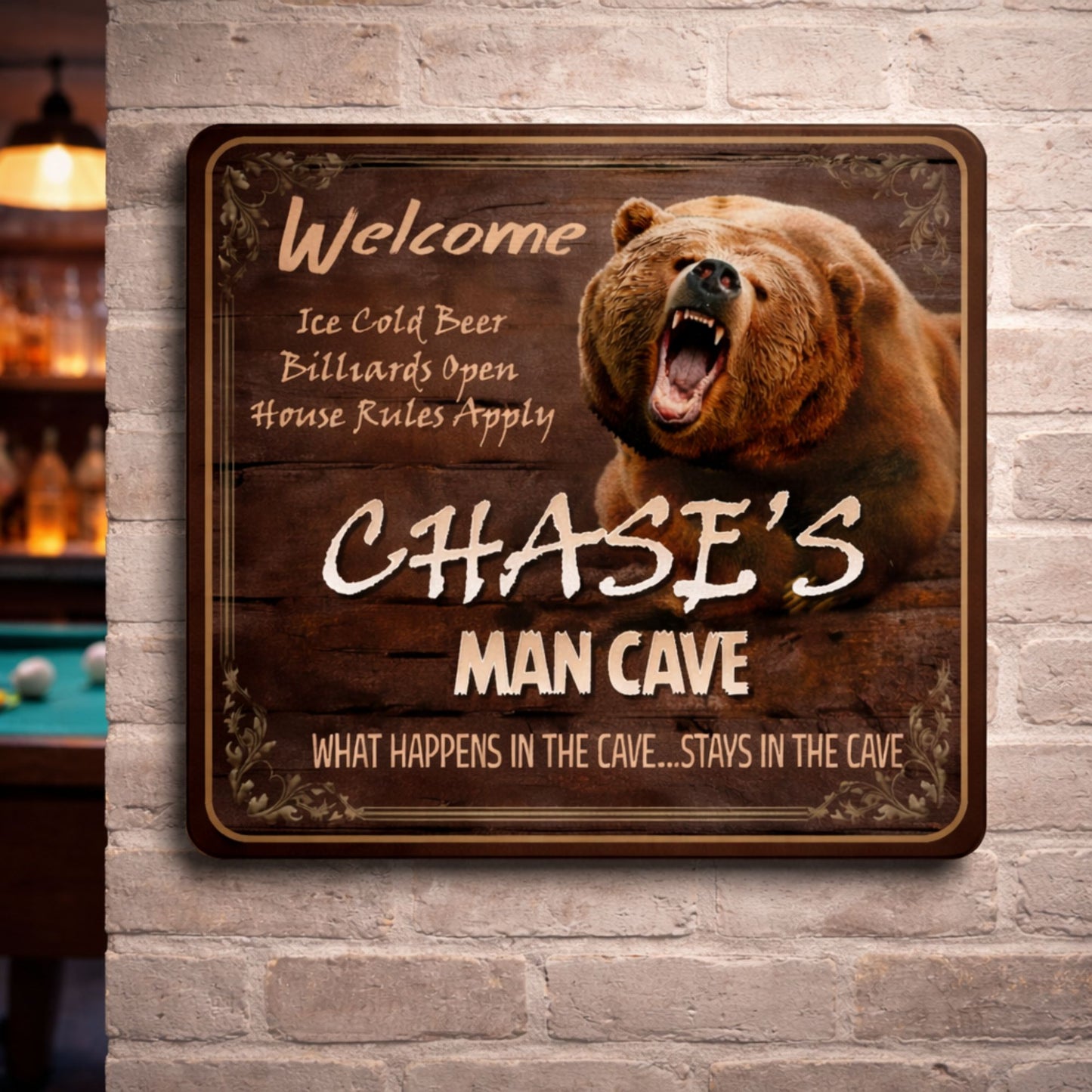 Custom man cave sign displayed on a wall in a home bar or game room setting