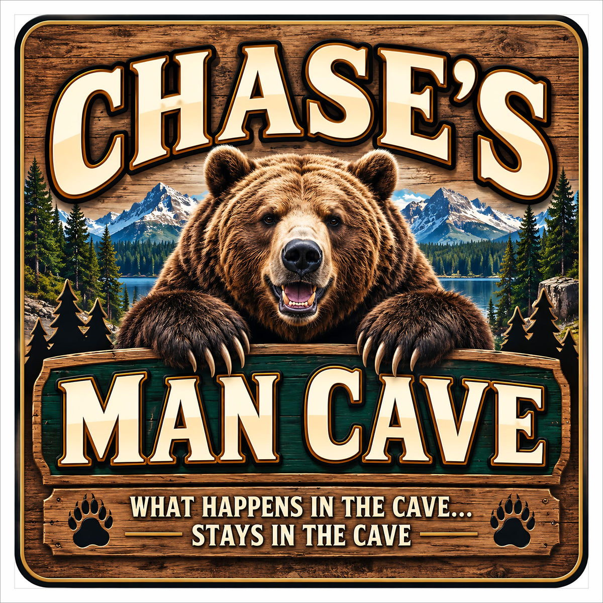 Personalized bear Man Cave sign with mountains, lake and pine forest, customizable with three lines of text.