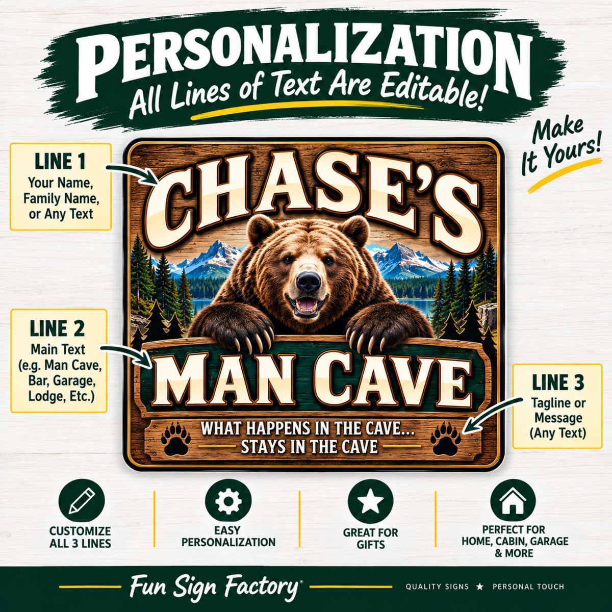 Bear Man Cave sign personalization infographic showing all three lines of text are editable.