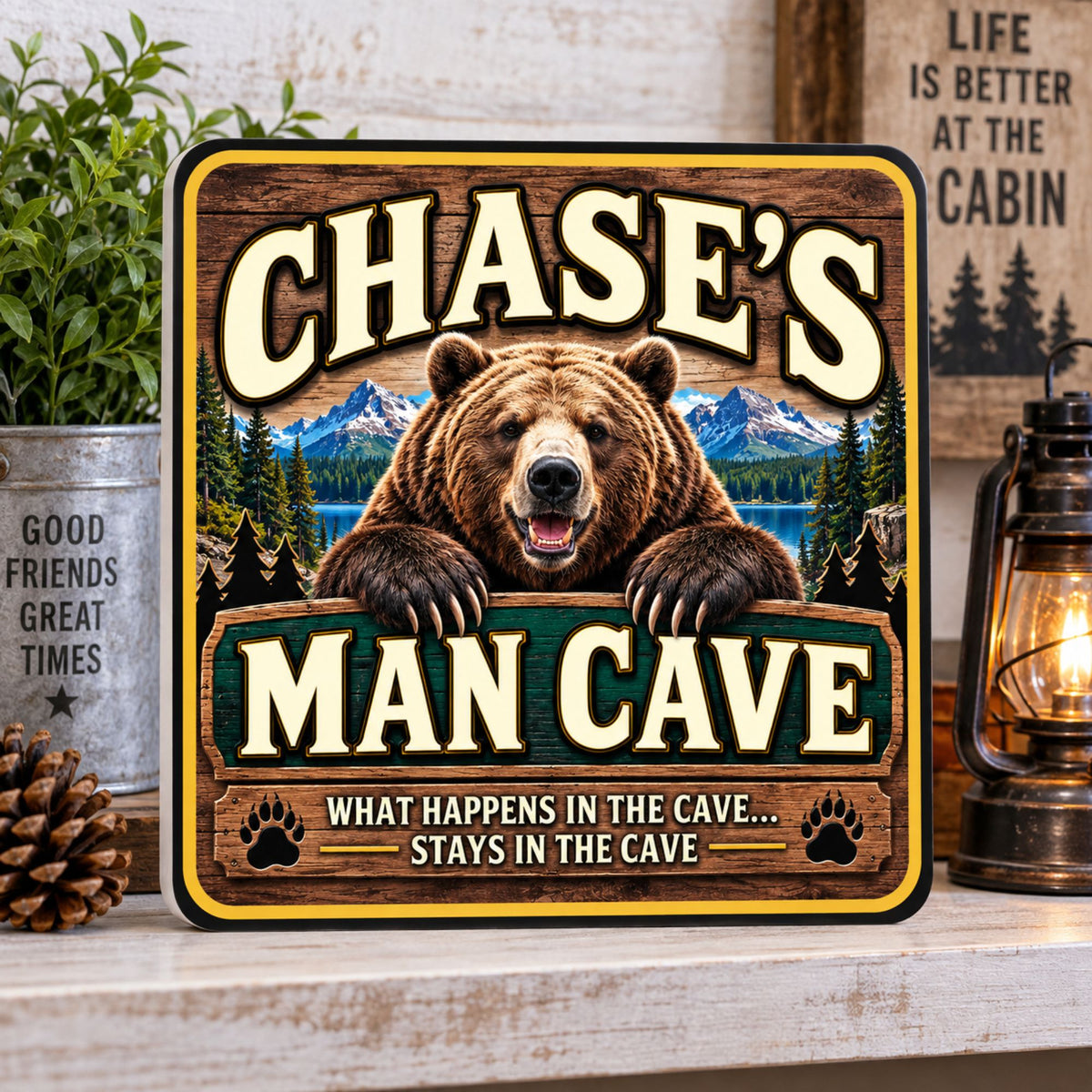 Custom bear Man Cave sign displayed in a rustic cabin setting with warm lodge decor.