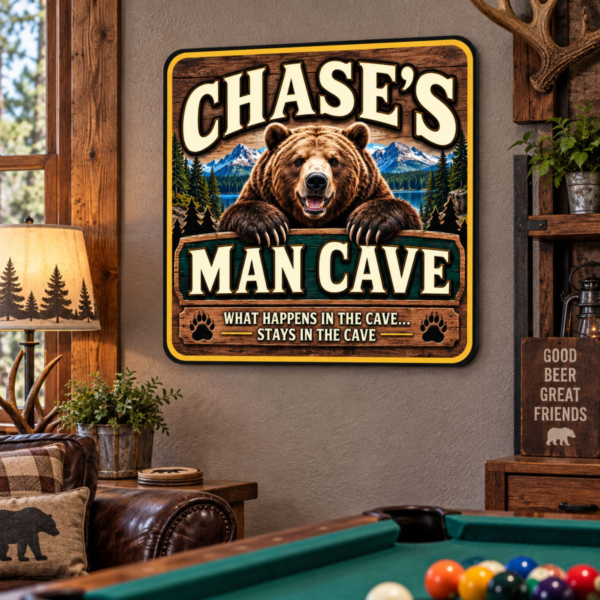 Personalized bear Man Cave wall sign displayed in a rustic game room with pool table.