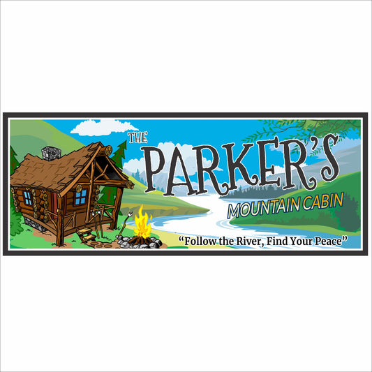 Close-up of personalized mountain cabin sign with log cabin, river, campfire, and scenic mountain landscape