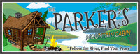 Personalized cabin sign featuring a cartoon log cabin, blazing campfire, and flowing river, with customizable text for a unique getaway decor.