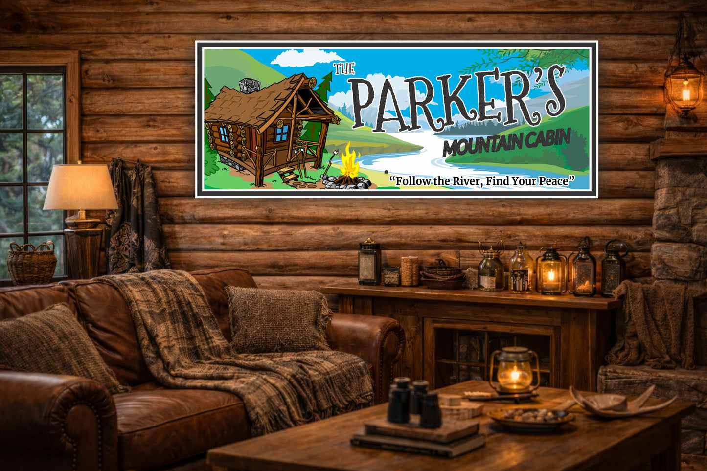 Lifestyle image showing personalized mountain cabin sign mounted inside a rustic cabin with wood walls and cozy décor